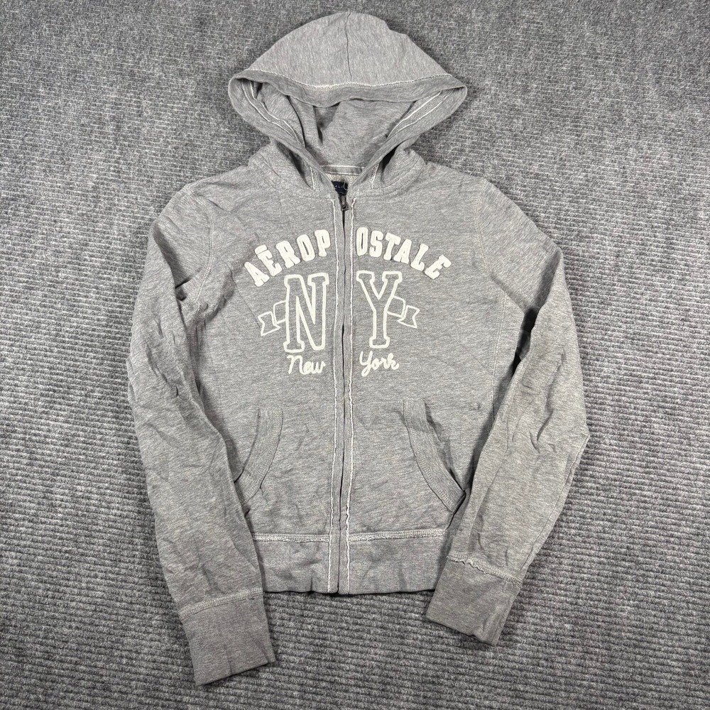 Aeropostale Hoodie Womens Small Gray Excellent NY Graphic Zip Up Sweatshirt